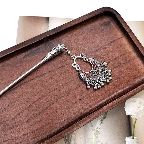 Vintage Chinese Style Hair Stick Antique Silver Alloy With Tassel Dangle Hanfu Accessories Ethnic Retro Hair Pin