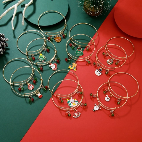 Bracelet Jonc De Noël Charme Réglable En Alliage Émail Renne Père Noël Flocon De Neige Bijoux De Fête