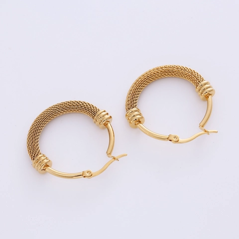 Orecchini A Cerchio Trama A Maglia Acciaio Inossidabile 316L Placcato Oro 18K Tondo Gioielli Di Moda Retrò Per Donna