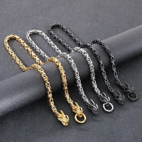 Collar Para Hombre De Acero Inoxidable Doble Cabeza De Dragón Cadena Bizantina Punk Vikingo Retro Gótico Joyería
