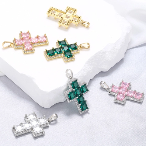 Colorful Zircon Cross Pendant Copper Square Stones Iced Out Hip Hop DIY Jewelry Charm Accessory Religious Fashion For Women