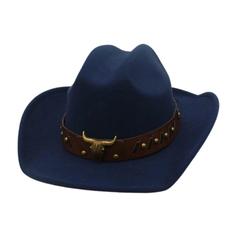 Western Cowboy Hat Polyester Felt With Bull Skull Metal Buckle Retro Ethnic Style Wide Brim Fedora For Men Women