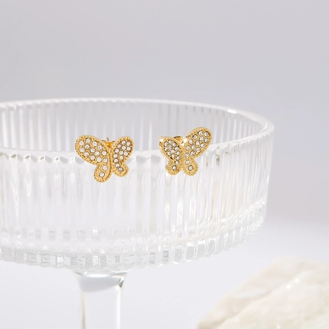 Elegant Butterfly Stud Earrings 18K Gold Plated Stainless Steel With Zircon Inlaid Fashion Jewelry