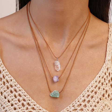 Collar De Varias Capas De Piedra De Cristal Natural Bohemio Irregular Amatista Cuarzo Blanco Colgante Joyería Hecha A Mano