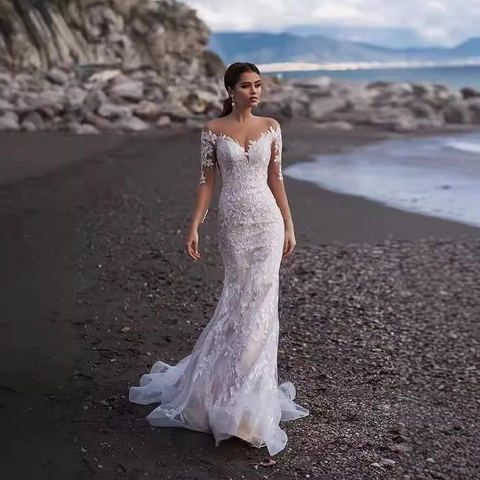 Vestido De Novia Sirena De Encaje Hombros Caídos Mangas Largas Elegante Vestido Nupcial Espalda Transparente Con Botones Blanco