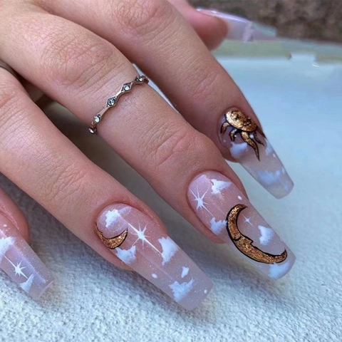 Long Coffin Press On Nails Bohemian Sun Moon Star Clouds Gold Glitter Artificial Fake Nails For Women