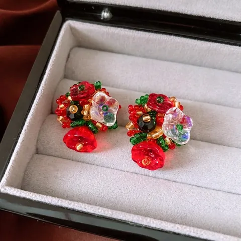 Handmade Beaded Flower Earrings Glass Beads Vintage Floral Style With 925 Sterling Silver Earring Post For Women