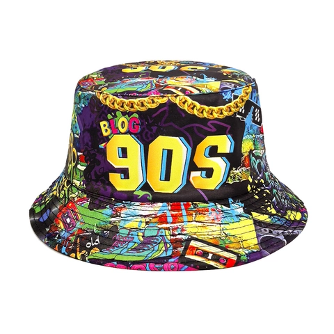 90S Retro Graffiti Vissershoed Omkeerbaar Polyester Zonbescherming Opvouwbaar Streetwear Voor Dames Heren