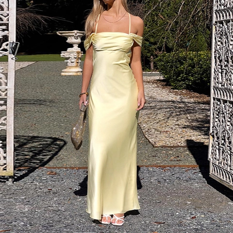 Satin Maxi Dress Off The Shoulder Spaghetti Strap Backless Criss Cross Solid Lemon Yellow Sexy Elegant Party Gown
