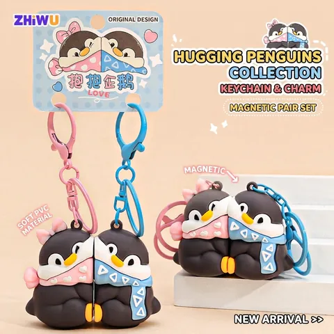 Hugging Penguin Magnetic Keychain 3D Cartoon Animal PVC Soft Rubber Bag Pendant Cute Gift For Couples Friends