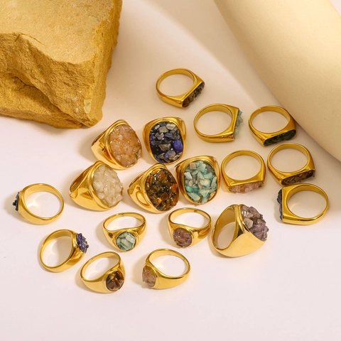 Minimalist Stainless Steel Ring With Natural Crushed Stone Gold Plated Waterproof Hypoallergenic Vintage Jewelry For Women