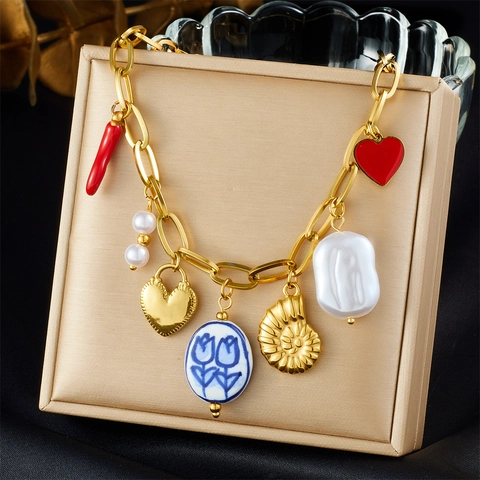 Collana Con Ciondoli In Acciaio Inossidabile Placcato Oro Da Donna Con Perla Artificial Peperoncino Cuore Conchiglia Ceramica Floreale Stile Boho
