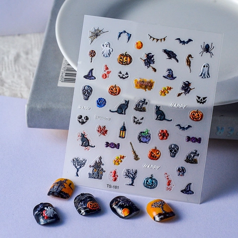 Stickers Ongles Halloween 5D Relief Autocollants Ongles Citrouille Fantôme Chauve-Souris Décoration Manucure Festive