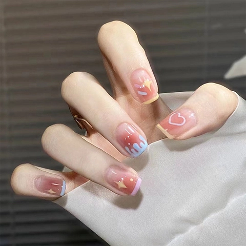 French Sweet Press On Nails Heart Star Pattern Gradient Blush Pink Blue Water Drop Graffiti False Nails Glue For Women
