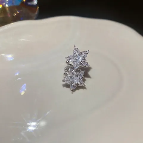 Doppelstern Zirkon Ohrmanschette Kupfer Silberfarbe Ohne Ohrloch Luxus Mode Schmuck Für Damen