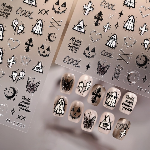 Gothic Halloween Nail Art Stickers Ghost Cross Butterfly Dark Style Self Adhesive Decals For Women