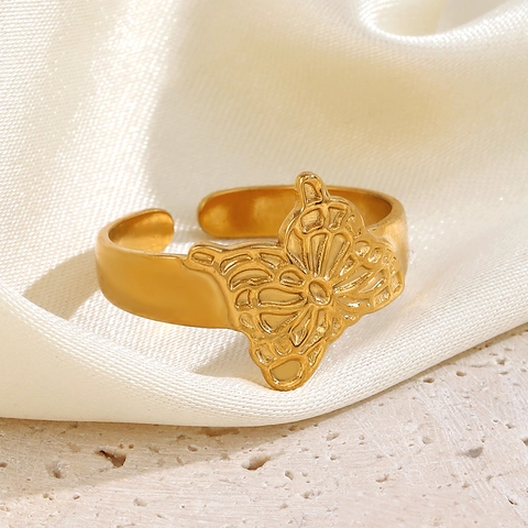 Butterfly Open Ring Stainless Steel Hollow Out Filigree Adjustable Fashion Jewelry For Women Elegant Accessory