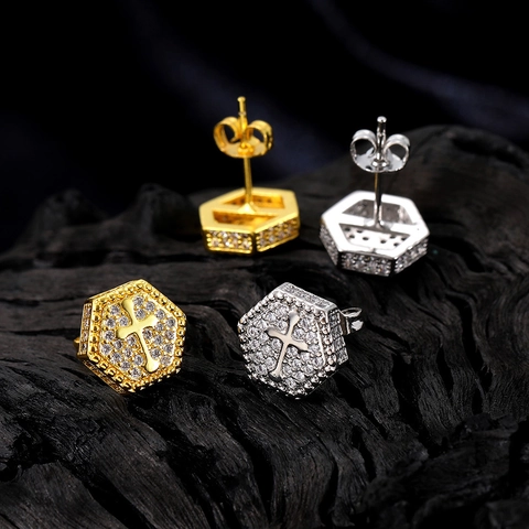 Hexagon Cross Stud Earrings Copper Micro Pave Cubic Zirconia Iced Out Hip Hop Street Rock Jewelry For Men Unisex
