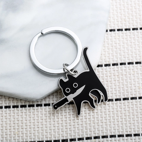 Grappige Zwarte Kat Met Mes Sleutelhanger Roestvrij Staal Creatieve Emaille Kitten Tas Hanger Voor Vrienden Cadeau Sieraden