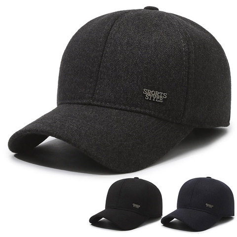 Men Winter Baseball Cap Woolen Thermal Windproof Ear Flaps Adjustable Sports Style Outdoor Casual Solid Color Hat