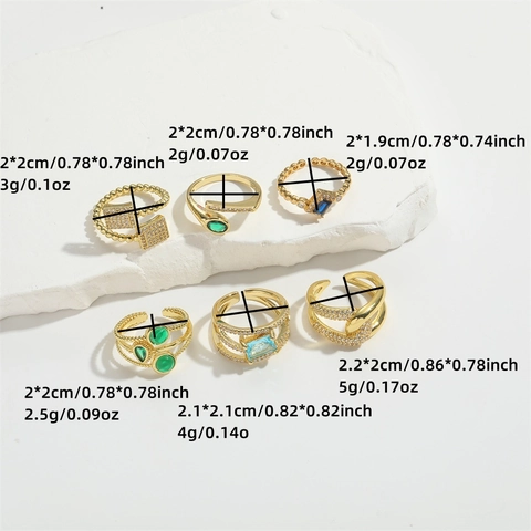 Bague Ouverte Ajustable Cuivre Plaqué Or 14K Zircon Multicouche Géométrique Élégant Bijoux Pour Femmes
