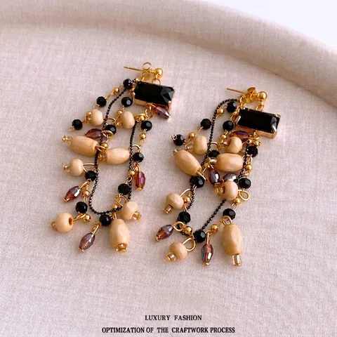 Boucles D'oreilles À Pompons Vintage Avec Pierre Carrée En Verre Perles En Bois Et Tige En Argent Sterling 925 Bohème