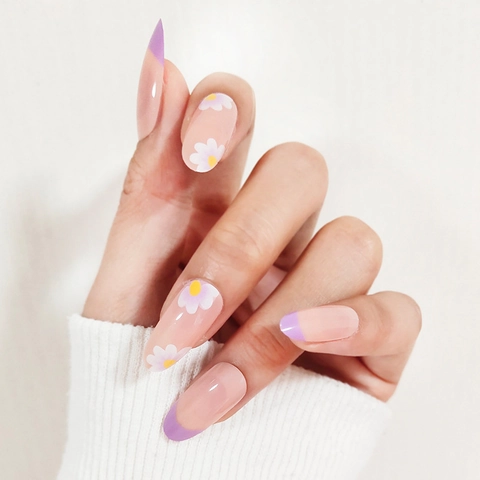 Purple French Tip Press On Nails Medium Long Ballerina Fake Nail Tips With White Daisy Flower Design Glossy