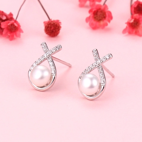Orecchini A Lobo A Forma Di X Con Perla de Agua Dulce Naturale D'acqua Dolce Zircone Gioielli Retrò 925 Argento Sterling