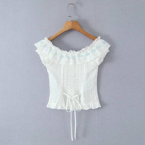 French Retro Off Shoulder White Lace Blouse Women Sweet Ruffle Eyelet Embroidered Crop Top With Light Blue Ribbon