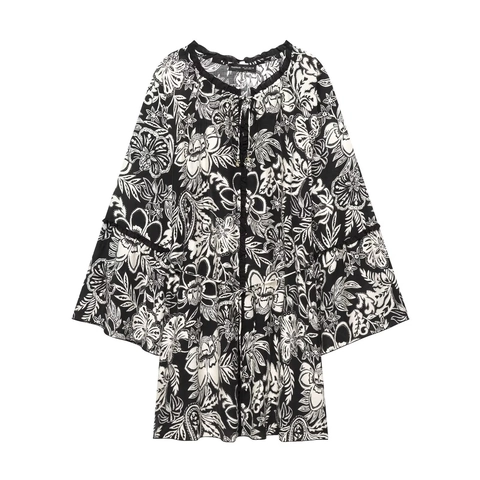 Dames Midi Jurk Met Bloemenprint Uitlopende Mouwen Strikkraag Lange Mouwen Boho Casual Losse Pasvorm Polyester