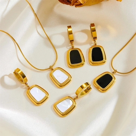 Necklace And Hoop Earrings Stainless Steel Gold Plated Shell Inlay Geometric Trapezoid Minimalist Fashion Jewelry For Women