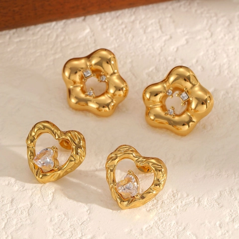 Heart Stud Earrings 18K Gold Plated Stainless Steel Zircon Hammered Textured Elegant Jewelry For Women Non-Tarnish