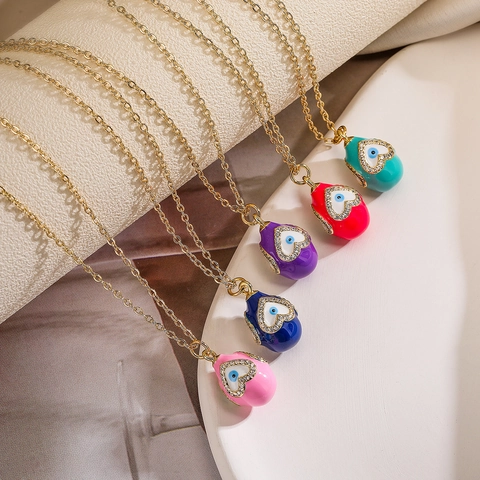 Collana Con Ciondolo A Cuore Malocchio Rame Placcato Oro 18K Zircone Smalto Colorato Gioielli Di Moda Donne
