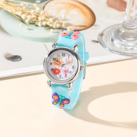 Kids Quartz Watch Butterfly Theme Silicone Strap Alloy Case Analog Display Student Girls Boys Cute Timepiece