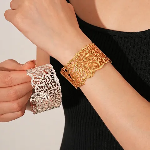 Breites Manschettenarmband Kupfer Durchbrochene Spitze Übergröße Geometrischer Offener Armreif Für Frauen Modeschmuck