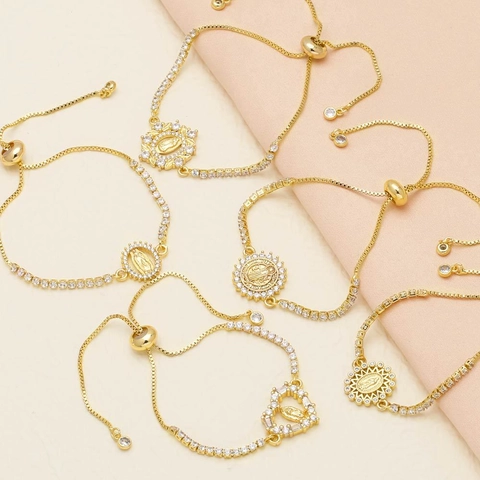 Women 18K Gold Plated Copper Bracelet With Virgin Mary Heart Medal Medal Religious Jewelry Zirconia Inlaid Slider Bracelet