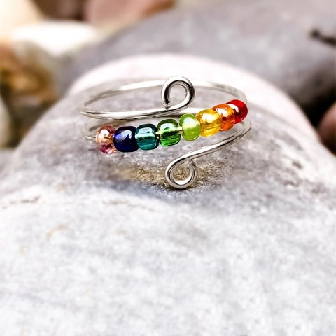 Anello Aperto Regolabile in Argento Sterling 925 con Perle Artificiali Arcobaleno Avvolto a Mano Gioielli Anti Ansia da Donna