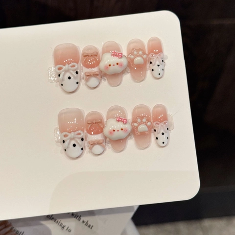 Press On Nails Sweet Pink Cloud 3D Cat Paw Bowknot Design Hand Made Artificial False Nails With Polka Dots For Women
