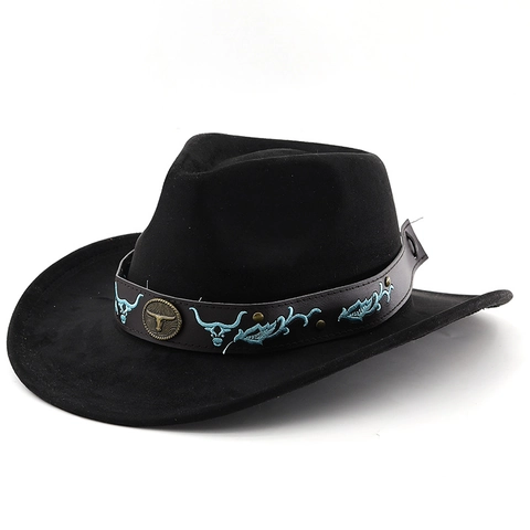 Sombrero De Vaquero Occidental Gamuza Ala Ancha Hebilla Cabeza De Buey Retro Étnico Fedora Para Hombre Mujer