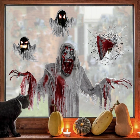 Halloween Window Stickers Horror Zombie Ghost Bloody Handprint Axe Static Cling PVC Decals Party Decor Creepy Atmosphere