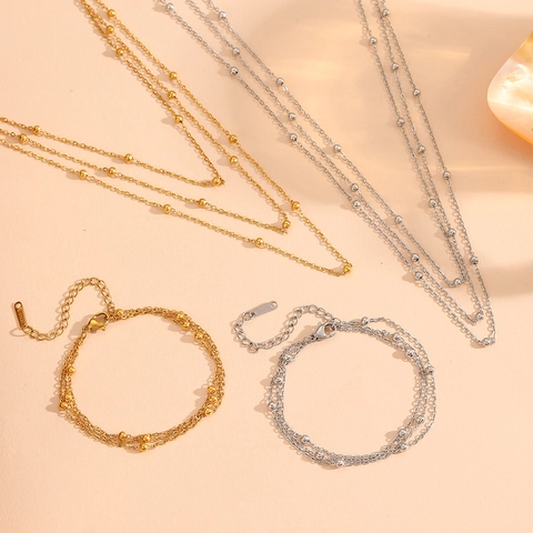 Joyas De Acero Inoxidable Cadena De Cuentas Multicapa Collar Pulsera Tobillera Para Mujer Elegante No Se Desvanece Geométrico