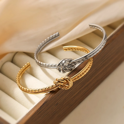 Minimalist Knot Open Cuff Bracelet Stainless Steel Twisted Rope Design Adjustable Fashion Jewelry For Women