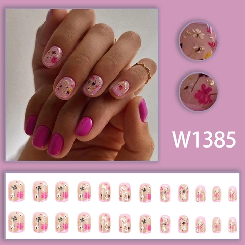 Press On Nails French Style Rose Red Floral Design Gold Foil Short Square Full Cover Artificial Nails Women