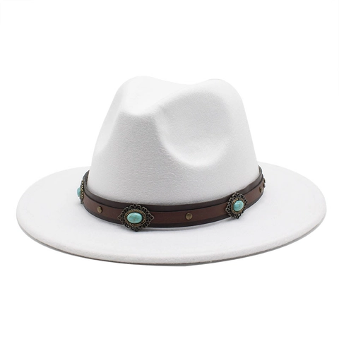 Sombrero Fedora De Ala Ancha Fieltro Gorra Jazz Banda De Cuero Turquesa Remaches Estilo Vaquero Occidental Bohemio