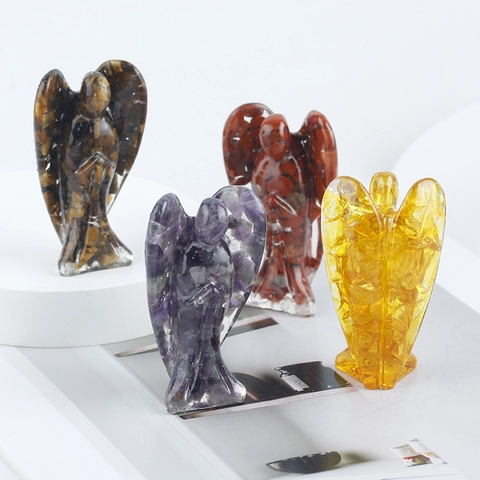 Handmade Resin Angel Figurines With Natural Crystal Gravel Winged Statue For Home Office Desktop Decor Healing Ornament