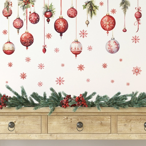 Pegatinas De Pared De Copos De Nieve Y Bolas De Navidad Calcomanía Decorativa De PVC Para Dormitorio Sala De Estar Hogar Navidad