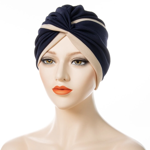 Women Two Tone Turban Hat Twist Pleated Headwrap Polyester Breathable Muslim Headwear Indian Style Soft Elastic Fashion