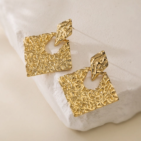 Geometric Drop Earrings 18K Gold Plated Stainless Steel Hammered Lava Texture Square Hollow Minimalist Style For Women