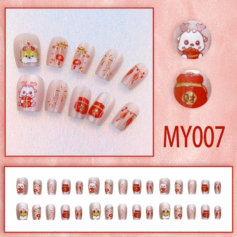 Press On Nails Short Cat Eye Shimmer False Nails Chinese New Year Dragon Fireworks Design Plastic For Women Lunar New Year Party