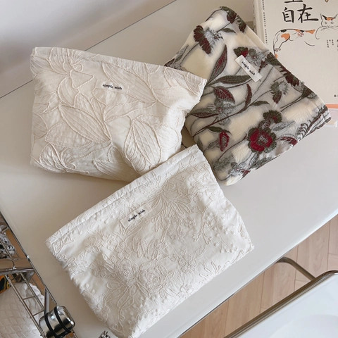 Trousse Trucco Ricamata Donna Pochette Cotone Floreale Minimalista Francese Con Cerniera Organizzatore Per Cosmetici